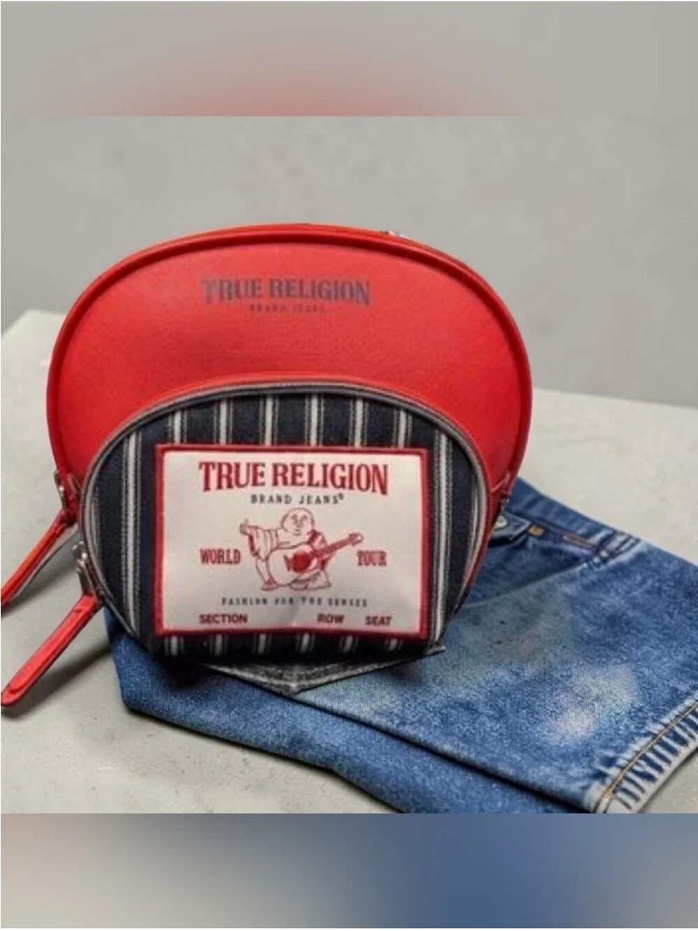 True Religion Red and Navy Striped Mini Cometic Pouch with Logo Patch